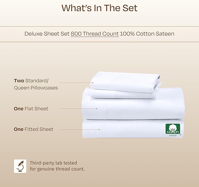 California Design Den Queen Sheets Set - Soft 800 Thread Count Sateen, 100% Cotton Bed Sheets Set with Deep Pockets, Durable Bedding - True Ivory