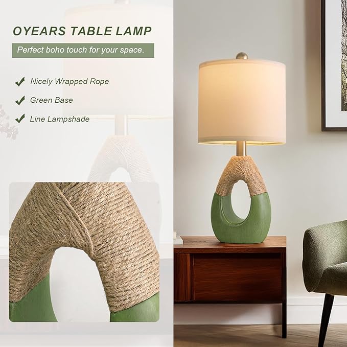 OYEARS 19" Table Lamps Set of 2, Bedside Lamps for Living Room, Lamps for Bedroom, Farmhouse Rattan Table Lamp, Small Space Nightstand Lighting, Rustic Home Office Decor (Green, Bulb Not Included)