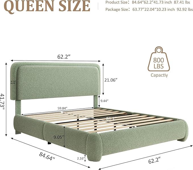 Queen Size Platform Bed Frame with Headboard, Boucle Upholstered Desige, Anti-Collision Corners, Soft Rounded Corners, No Box Spring Required, Easy Assembly, Noise Free