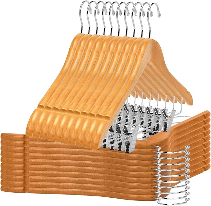 Quality Wooden Skirt Hangers with Clips 80-Pack Natural Pants Hangers with Adjustable Chrome Metal Clips, Swivel Hook, Coat, Jacket, Blouse Suit Hangers (Natural, 80)