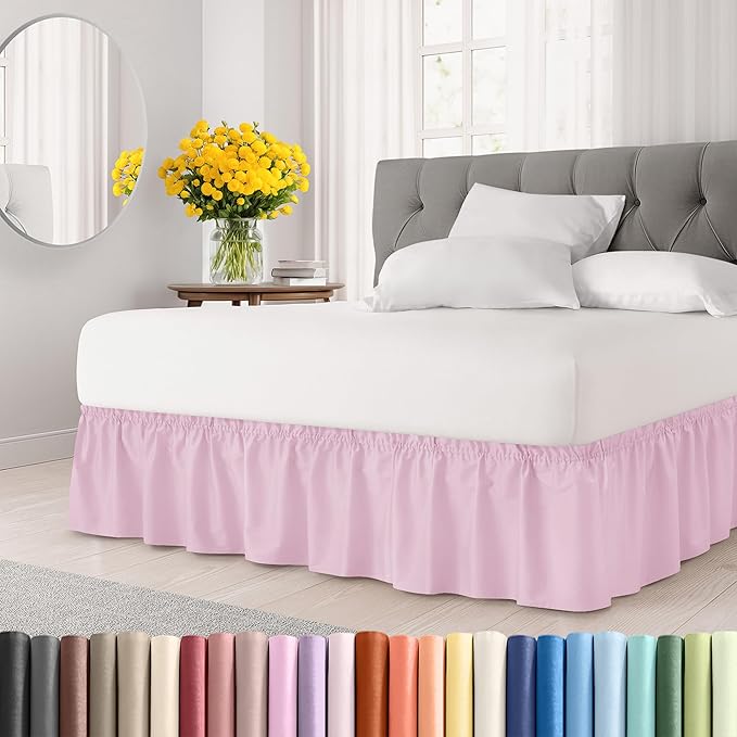 Wrap Around Dust Ruffle Bed Skirt - Light Pink - Twin/Twin XL Size Beds with 21 Inch Drop - Elastic Strap - Adjustable Pleated Bedskirt with Brushed Fabric and Wrinkle Free - Women, Men, Kids & Teens