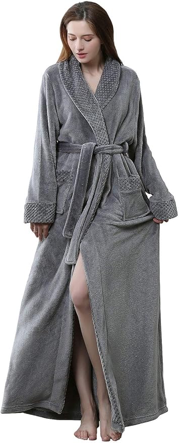 Artfasion Womens Long Fleece Robe - Warm Soft Floor Length Flannel Bathrobes for Winter Thicker Long House Coat with Pockets
