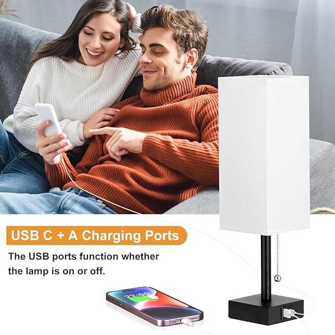 aooshine Bedside Table Lamps Set of 2 - Small White Bedroom Lamps with 3 Color Temperatures (3000K/5000K/4000K), Square Nightstand Lamp with USB C + A Charging Ports, Pull Chain Night Light