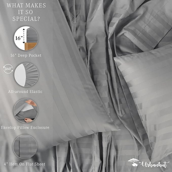 URBANHUT 800 Thread Count 100% Cotton Damask Queen Size Sheets, 4 Piece Striped Queen Size Bedsheets, Luxury Hotel Sheets Sateen Weave - Better Than Egyptian, 16" Elasticized Deep Pocket- Dark Grey