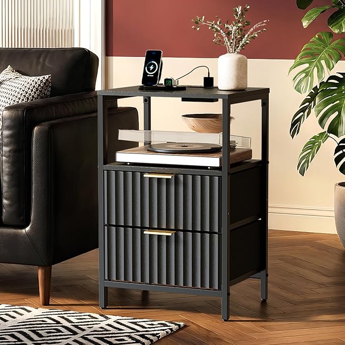 VINGLI Black Nightstand with Charging Station, Fluted Night Stand with Drawers Fabric, Bed Side Table/Night Stand with Charging Station for Bedroom, Dorm, 14.96" W*11.81" D*23.78" H