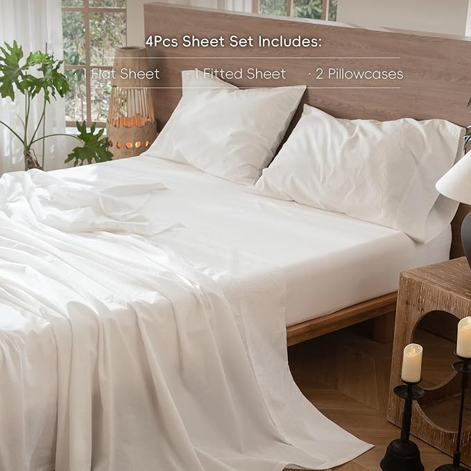 MooMee Bedding Sheet Set 100% Washed Cotton Linen Like Textured Breathable Durable Soft Comfy (Solid Off White, King)