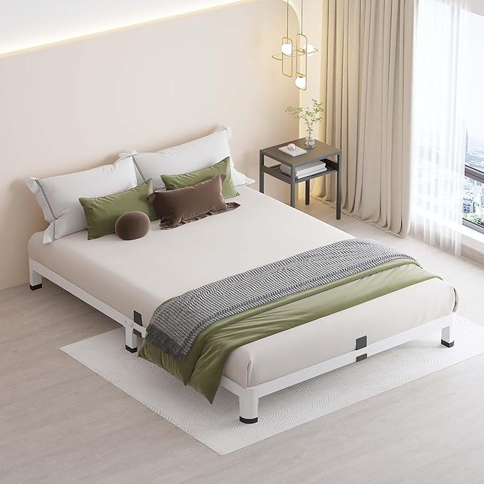 MAF 4 Inch Full Size Metal Platform Bed Frame White with Round Corner Legs, Mattress Slide Stopper, 3000 LBS Heavy Duty Steel Slats Support, Noise Free, No Box Spring Needed, Easy Assembly