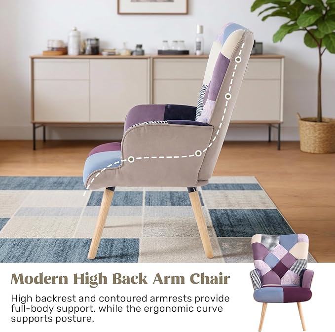Joysoul Living Room Accent Chair Modern High Back Arm Chair, Houndstooth Pattern Bohemian Style Chairs for Bedroom Waiting Room (Purple Plaid)