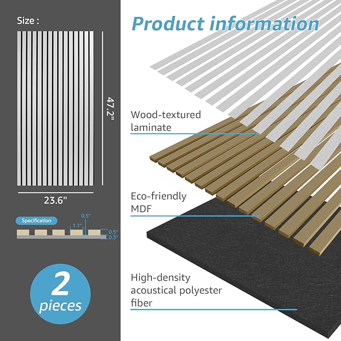 Art3d 2 Wood Slat Acoustic Panels for Wall and Ceiling - 3D Fluted Sound Absorbing Panel with Wood Finish - Silver