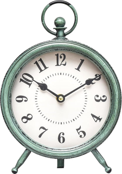EMAX Home Vintage Green Rustic Retro Table Clock, Silent Non-Ticking, Battery Operated, 10.5"H, 7.28"W, Green Dial, Tabletop, Indoor, Kitchen