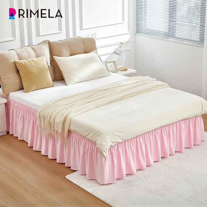 RIMELA Pink Bed Skirt King Size 15 Inch Drop, Elastic Bed Skirting for Bed Base and Frame, Bedding Dust Ruffle Easy to Install, Lightweight Comforter Set with Wrap Around Adjustable Bedskirt