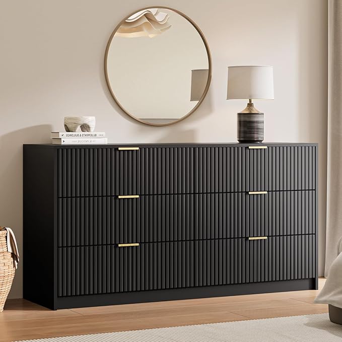 Black 6 Drawer Dresser for Bedroom, 55" Wide Modern Chest of Drawers with Gold Metal Handles, Fluted Wood TV Stand for Living Room, Hallway