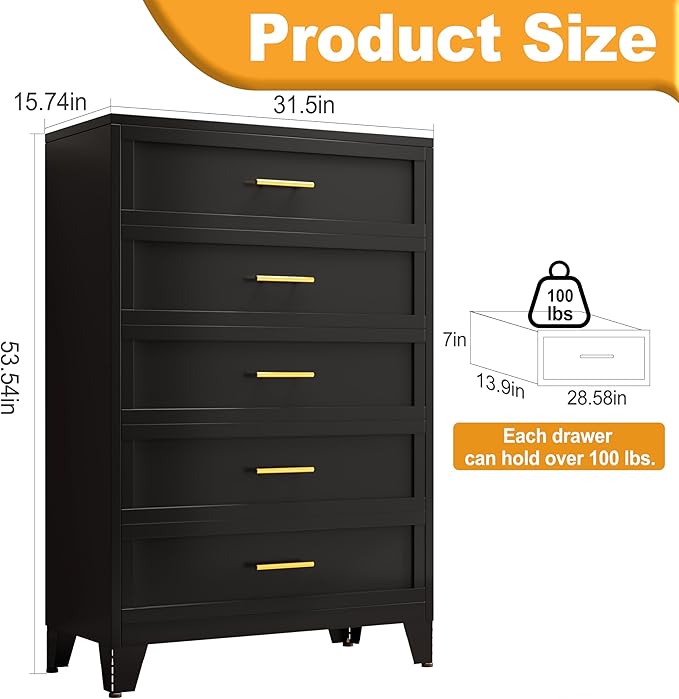 Metal Dresser, Black Tall Dresser for Bedroom, 53.54" H Dressers & Chests of Drawers, 5 Drawer Dressers for Living Room, Entryway, Hallyway (Black, 5 Drawers)