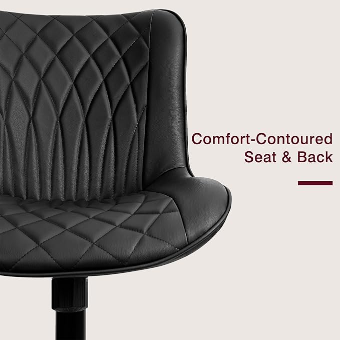 VECELO Mid-Back Desk Chair with Adjustable Height, PU Leather Makeup Vanity Chair with Wheels, Armless Space-Saving Task Chair, for Home Office, Black