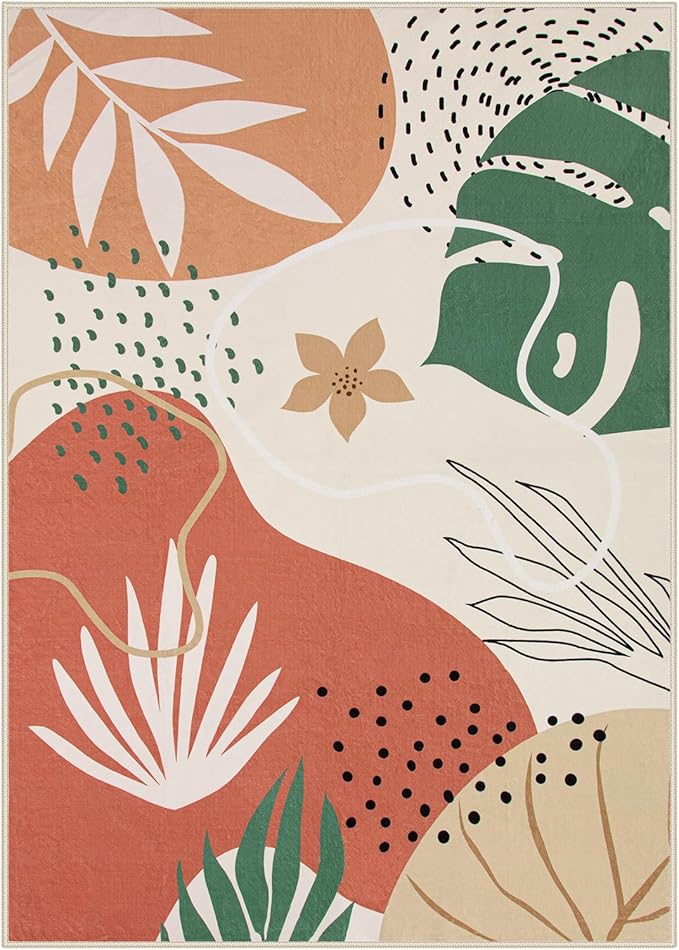 Lahome 5x7 Area Rug for Living Room, Washable Rugs 5x7 for Bedroom Soft Kids Nursery Carpet, Boho Botanical Print Non-Slip Low Pile Carpet for Office Playroom Kitchen Entryway, Coral