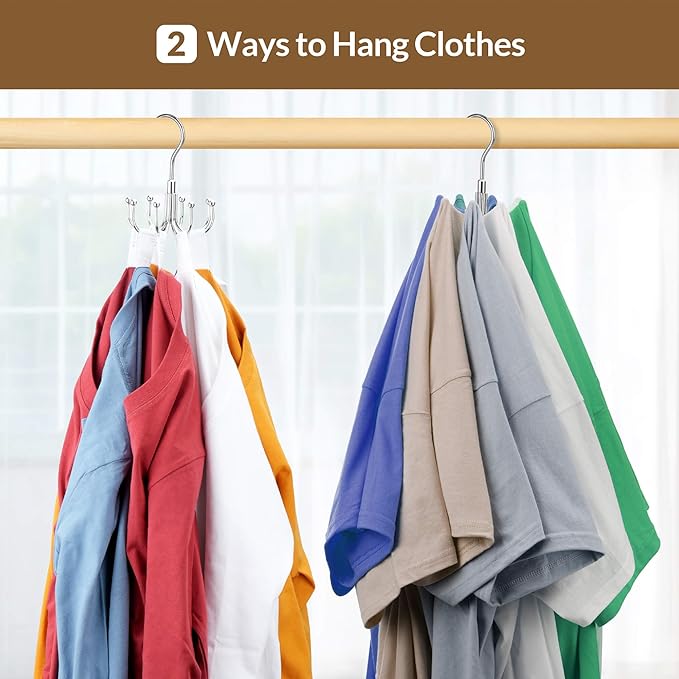ZEDODIER Space Saving Hangers for Clothes,Rotatable Sturdy Shirt Hangers with 8 Hooks, Non Slip Multiple Shirt Organizer for T-Shirts Sweatshirts Hoodies, Silver