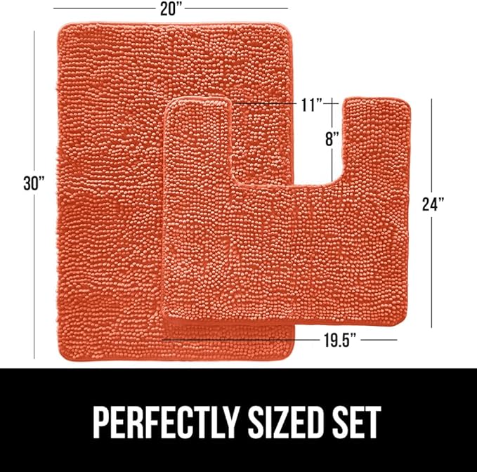 GORILLA GRIP Bathroom Rug Sets, Soft Chenille 2 Piece Area Rugs Set, Toilet Base Mat and 30x20 Carpet, Absorbent Microfiber Washable Mats Dry Quickly, Home Décor and Bath Room Accessories, Coral