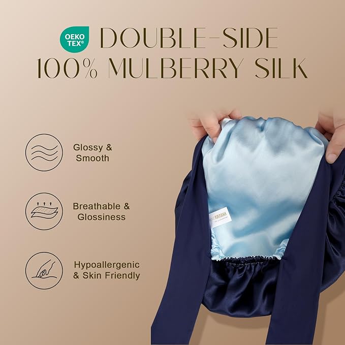 ZIMASILK 100% Mulberry Silk Bonnet for Sleeping Women Long Hair Double Layer Silk Hair Wrap with Tie Band Stay On Head (1Pc, Navy Blue)