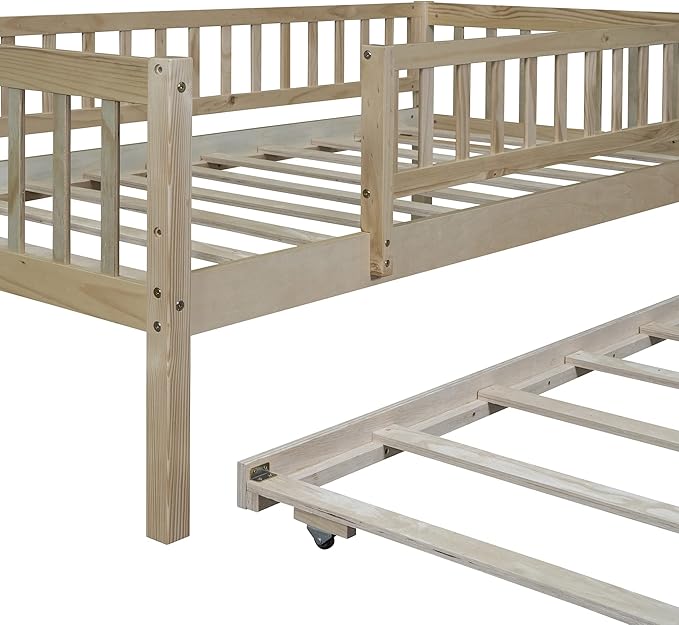 Bellemave Twin Bed Frames with Rails for Kids, Twin daybed Frame with Trundle for Boys/Girls/Adults， Natural