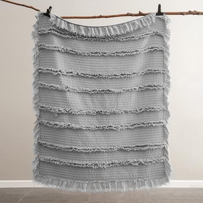 HORIMOTE HOME Stone Washed Quilted Throw Blanket with Ruffle Fringe Design - Soft & Chic Rustic Decorative Blanket for Couch, Bed, Chair - Pre-Washed Grey Boho Style - 50"x60"