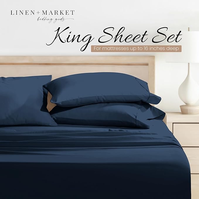 Linen Market Brushed Microfiber King Sheet Set 4 Piece – Oeko-TEX Certified Ultra Soft & Wrinkle-Free - 16" Deep Pocket Sheets - Easy Care King Size - Navy