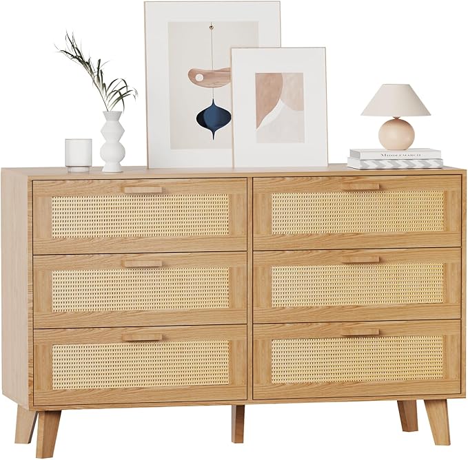 Wide Rattan Dresser, 6 Drawer Dressers Bedroom Furniture Large Storage Tower Unit, Dresser for Bedroom, Closet,Hallway, Walnut