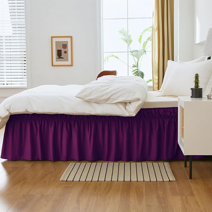 MEILA Wrap Around Bed Skirt Three Fabric Sides Elastic Dust Ruffled 14 Inch Tailored Drop,Easy to Install Fade Resistant-Purple, Queen/King