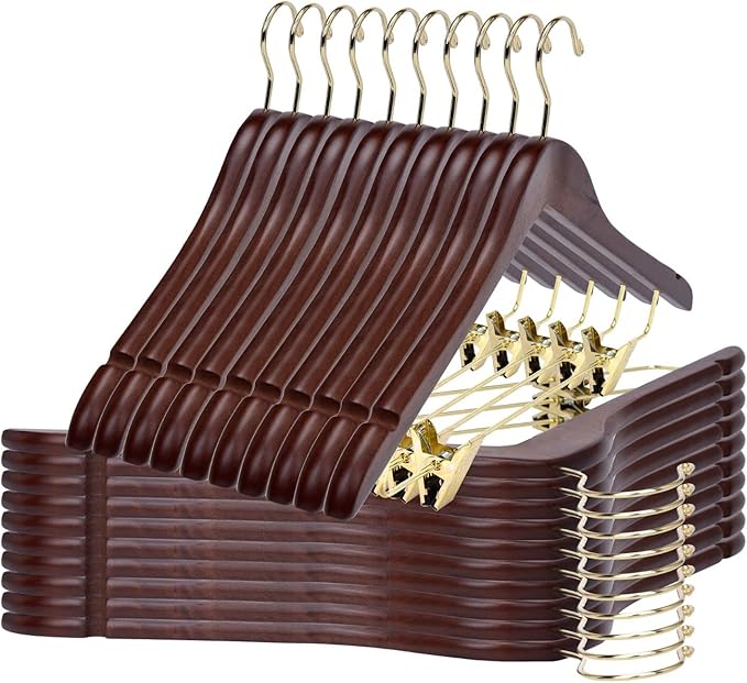 Quality Hangers Quality Wooden Skirt Hangers with Clips 80-Pack Walnut Pants Adjustable Gold Metal Clips, Swivel Hook, Coat, Jacket, Blouse Suit (Walnut - 80) 17.5'' inch