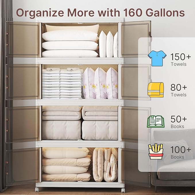 Extra Large Stackable Storage Bins with Lids & Wheels & Door, 660QT-165QT/41GAL*4Pack Foldable Collapsible Closet Organizers, Plastic Containers Drawers for Bedroom Dorm Garage