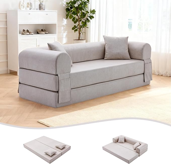 78.5" Convertible Sleeper Sofa Bed, Faux Leather Folding Floor Sofa with Pullout Bed&2 Pillows, No Assembly Modern Boneless Couch Compression Sofa in Box with Storage Pocket for Living Room, Beige
