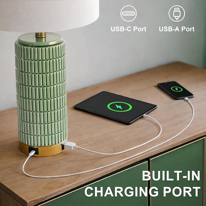 PoKat 25'' Bedside Table Lamps Set of 2 for Living Room with USB A&C Ports, Touch Lamps with 3-Way Dimmable Control for Bedroom, Farmhouse Green Lamps for Nightstand Office Hallway (Bulbs Included)