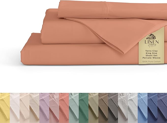 Linen Home 100% Cotton Percale Sheets King Size, Tera Clay, Deep Pocket, 4 Pieces Set - 1 Flat, 1 Deep Pocket Fitted Sheet and 2 Pillowcases, Crisp Cool and Strong Bed Linen
