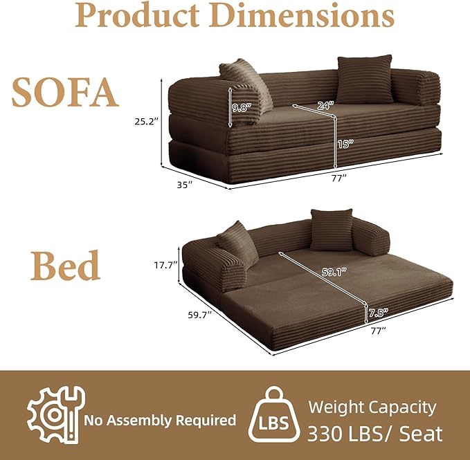 4-in-1 Convertible Folding Sleeper Sofa Bed, Fold Out Floor Sofa Couch with Fixed-Shape Frame, Cloud Corduroy Foldable Mattress Couch for Living Room Bedroom (78" Corduroy, Dark Brown)