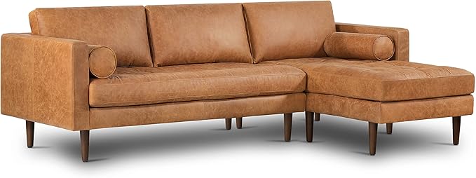 POLY & BARK Napa 104.5" Right-Facing Sectional Sofa – Cognac Tan Full-Grain Pure-Aniline Italian Leather, Feather-Down Cushions, Solid Wood Frame