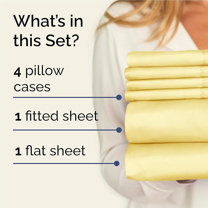 Full 6 Piece Sheet Set - Cooling, Comfy & Breathable - Hotel Luxury Bedding, Includes Fitted Sheet for Women, Men, Kids and Teens - 1 Flat, 1 Fitted Sheet, 4 Pillowcases with Deep Pockets - Yellow