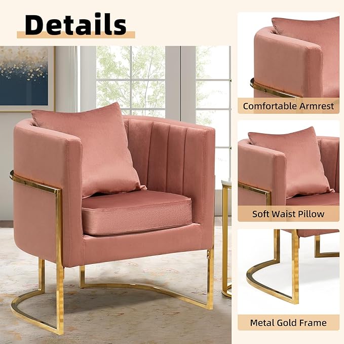 Velvet Modern Accent Chairs Set of 2, Upholstered Barrel Armchair Mid Century with Pillow for Living Room, Comfy Single Vanity Chair with Metal Gold Legs for Bedroom, Pink