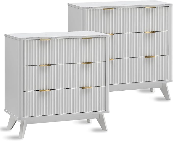 T4TREAM Fluted 3 Drawers Nightstand Set of 2, Oversized Extra Large Modern Side Table with Faux Marble Top, End Table Bedside for Bedroom, Living Room, Curved Profile Design, Solid White