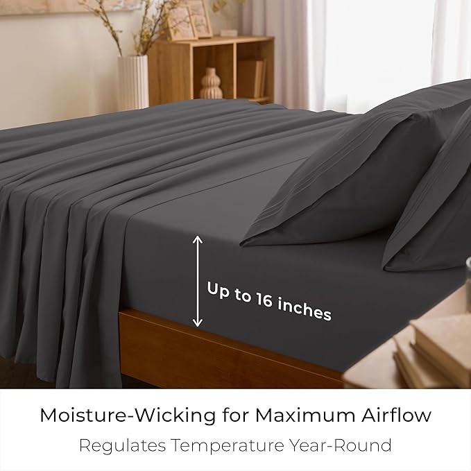 Mellanni Split King Sheet Set - 7-Piece Iconic Collection Bedding, (Including 4 Pillowcases), 16-Inch Deep Pocket, Easy Care, Extra Soft, Cooling Sheets, Brushed Microfiber - Gray