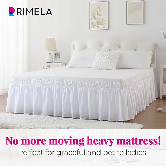 RIMELA White Bed Skirt Queen Size 16 Inch Drop, Elastic Bed Skirting for Bed Base and Frame, Bedding Dust Ruffle Easy to Install, Lightweight Wrap Around Adjustable Bedskirt
