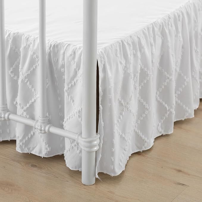 Bed Skirt King Size，Ruffled White Bed Skirt with Split Corners，King Bed Skirt 14 Inch Drop, Boho Tufted Shabby Chic King Size Bed Skirt, Bed Skirt King Size