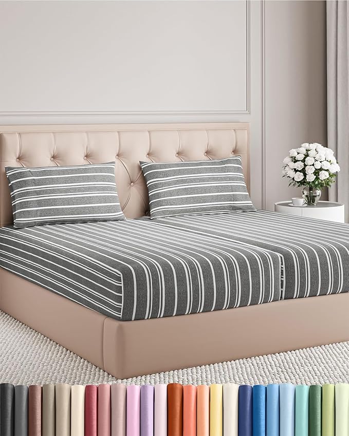 Split King Size 5 Piece Sheet Set - Comfy Breathable & Cooling Bed Sheets Set - Hotel Luxury Bedding for Women, Men, Kids, Teens, Boys & Girls - Deep Pockets & Wrinkle Free - Oeko-Tex - Grey Stripes 3