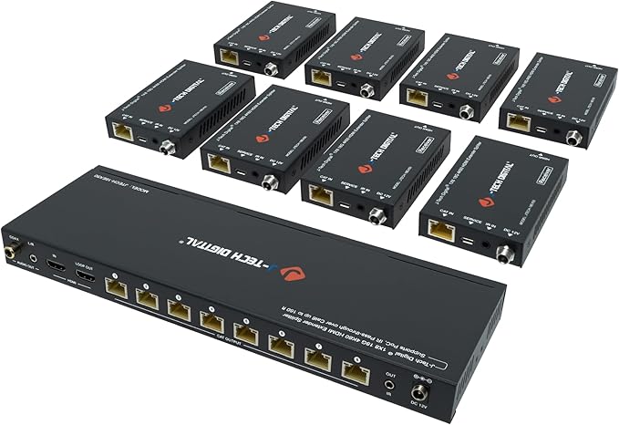 J-Tech Digital HDMI 2.0 4K Extender Splitter Over Single Cable CAT6 with PoC Up to 196 FT 1-in 8-Out w/Local Loop Output & Low Latency [JTECH-18EX50]