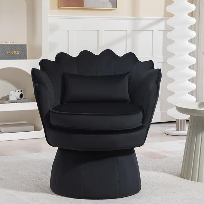 360° Swivel Accent Chair, Mid-Century Modern Velvet Barrel Chair, Comfy Shell Shape Arm Chair with Lumbar Pillow for Living Room, Bedroom, Office, Black