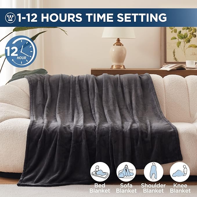 Westinghouse Electric Blanket Full Size, Super Cozy Soft Flannel 80"" x 84"" Heated Blanket with 10 Fast Heating Levels & 1-12 Auto-Off, Machine Washable, ETL&FCC Certification, Charcoal