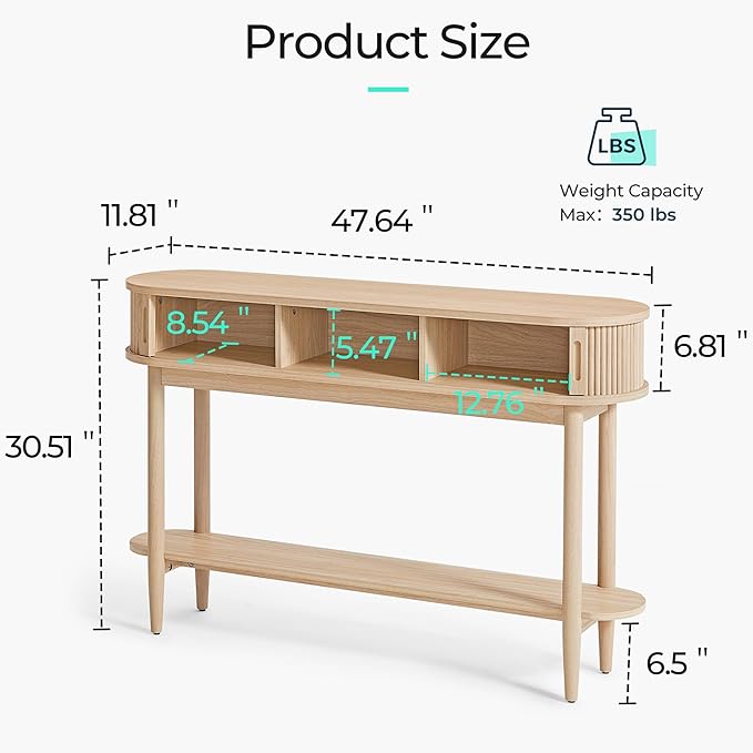 LINSY HOME Fluted Console Table, Mid-Century Modern Entryway Cabinet with Sliding Tambour Doors, Narrow Long Sofa Table, Behind-The-Couch Table for Living Room, Hallway (Light Oak)