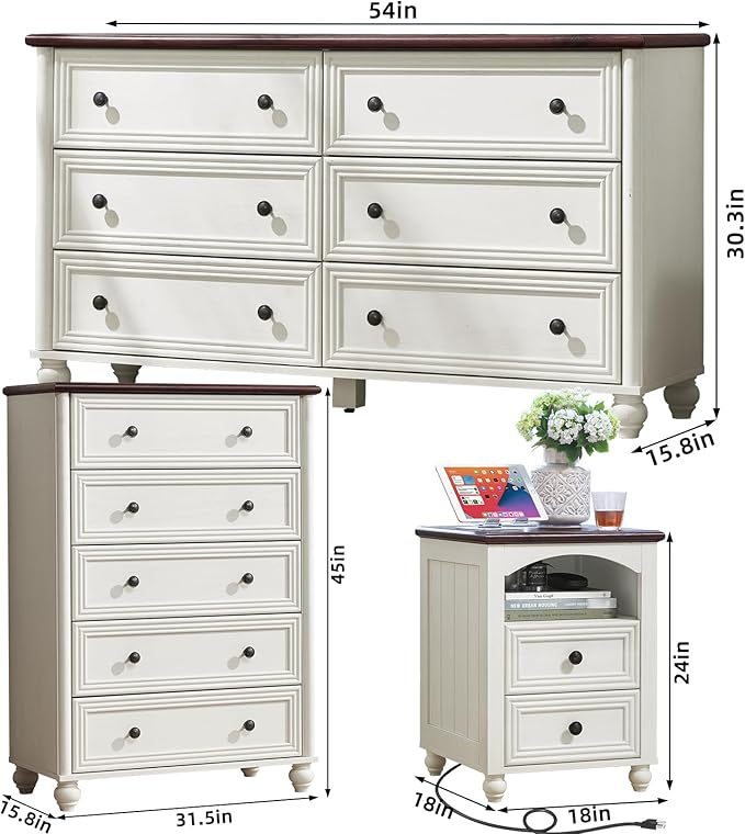 Farmhouse Dressers & Night Stand Set of 4, Wood 54" Wide Dresser & 45" Tall Chest of Drawers, 18" with Charging Station Nightstand Set of 2, Bedroom Furniture Dresser Set for Home Living Room Hallway