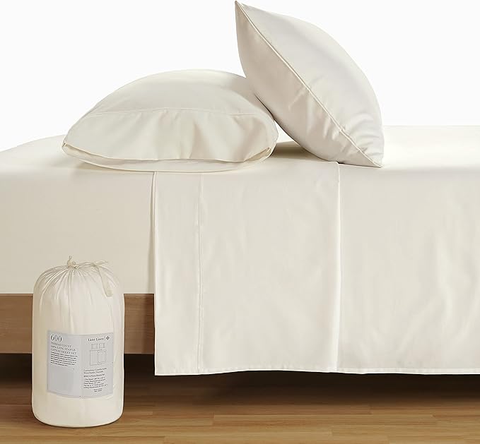 LANE LINEN 100% Cotton 600 Thread Count Soft Twin Bedding Sheets & Pillowcases Set- Sateen Weave Fully Elasticized 15 inch Deep Pocket Twin Sheets, Hotely Like Think Natural Cooling Bedding - Ivory
