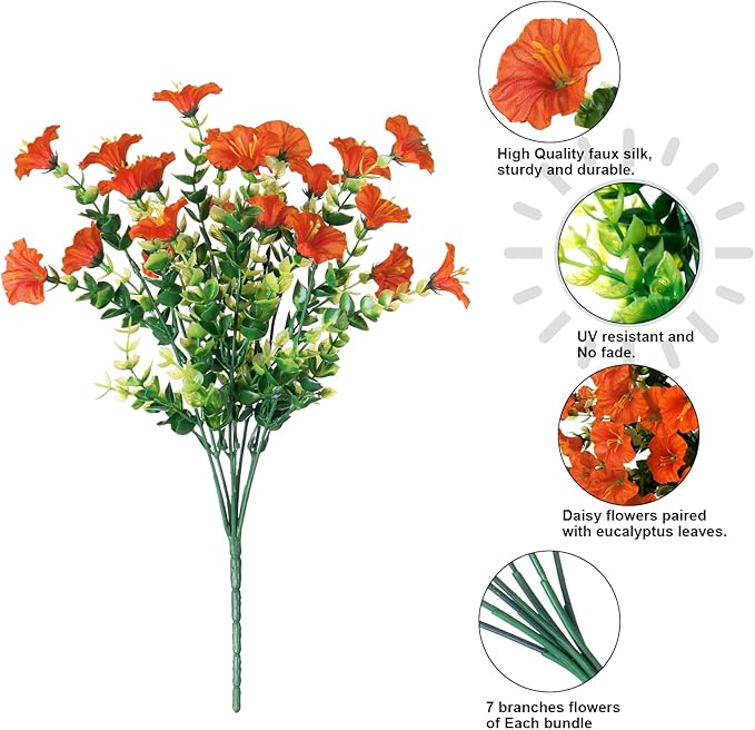 Artificial Flowers Fake Plants for Outdoors Decoration, 12 Bundles Orange Silk Morning Glory with Eucalyptus Realistic UV Resistant Faux Flowers Greenery for Outside Planter Yard Garden Home Indoor