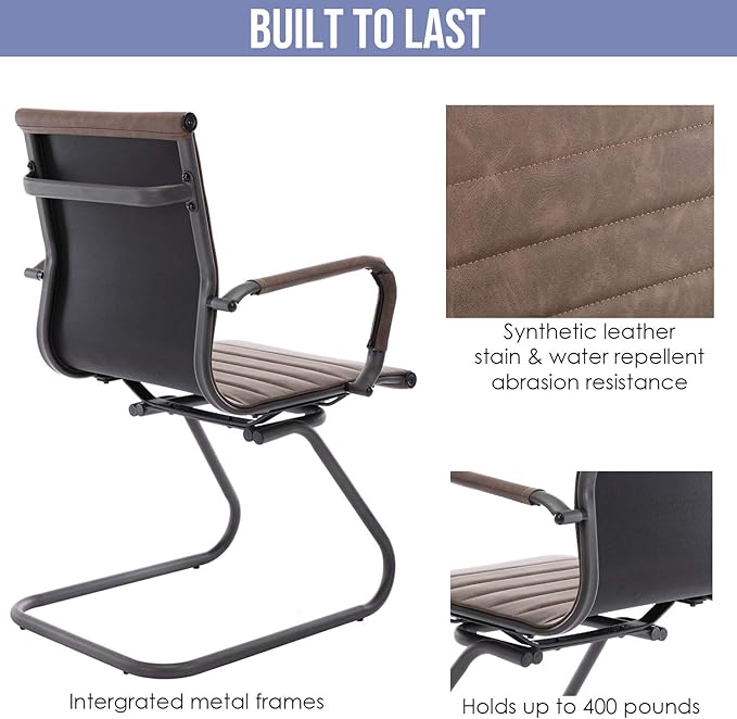 Wahson Office Guest Chairs No Wheels & Reception Chairs, Leather Waiting Room Chair Mid Back Conference Chair with Sled Base for Meeting/Lobby/Restroom, Brown (8 Pack)