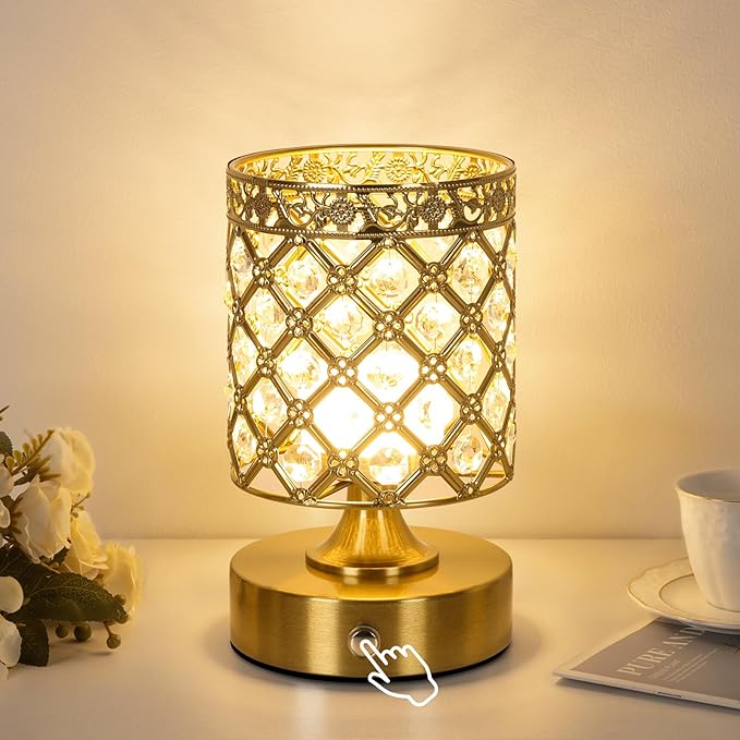 TOBUSA Gold Rechargeable Cordless Table Lamp, 6000mAh Crystal Battery Operated Lamp with 3 Color Temps & Stepless Dimming, Portable Bedside Touch Small Desk Lamp, Vintage Wireless LED Night Light